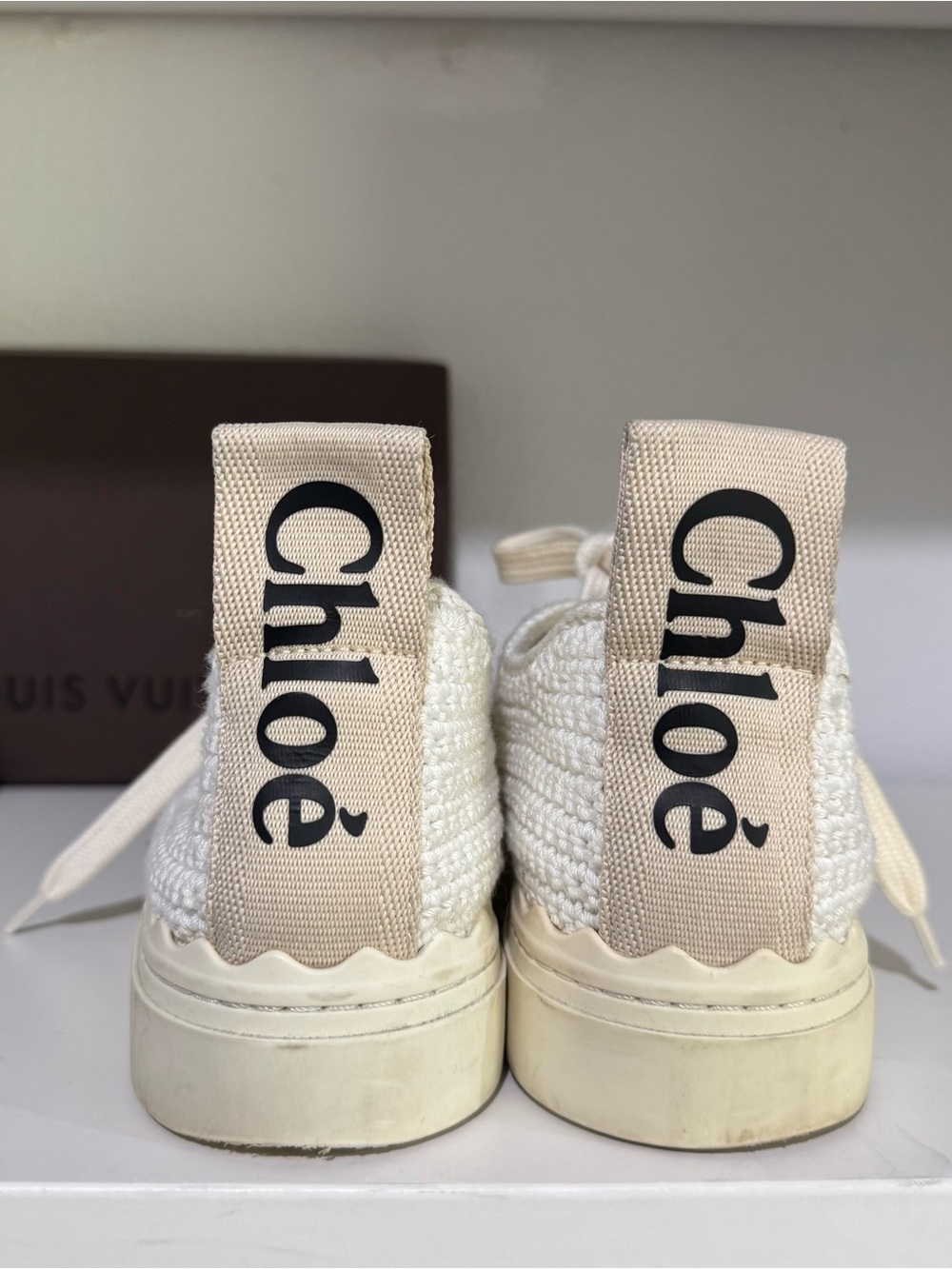 Chloé Cream Knit High-Top Sneakers with Logo Heel Tab